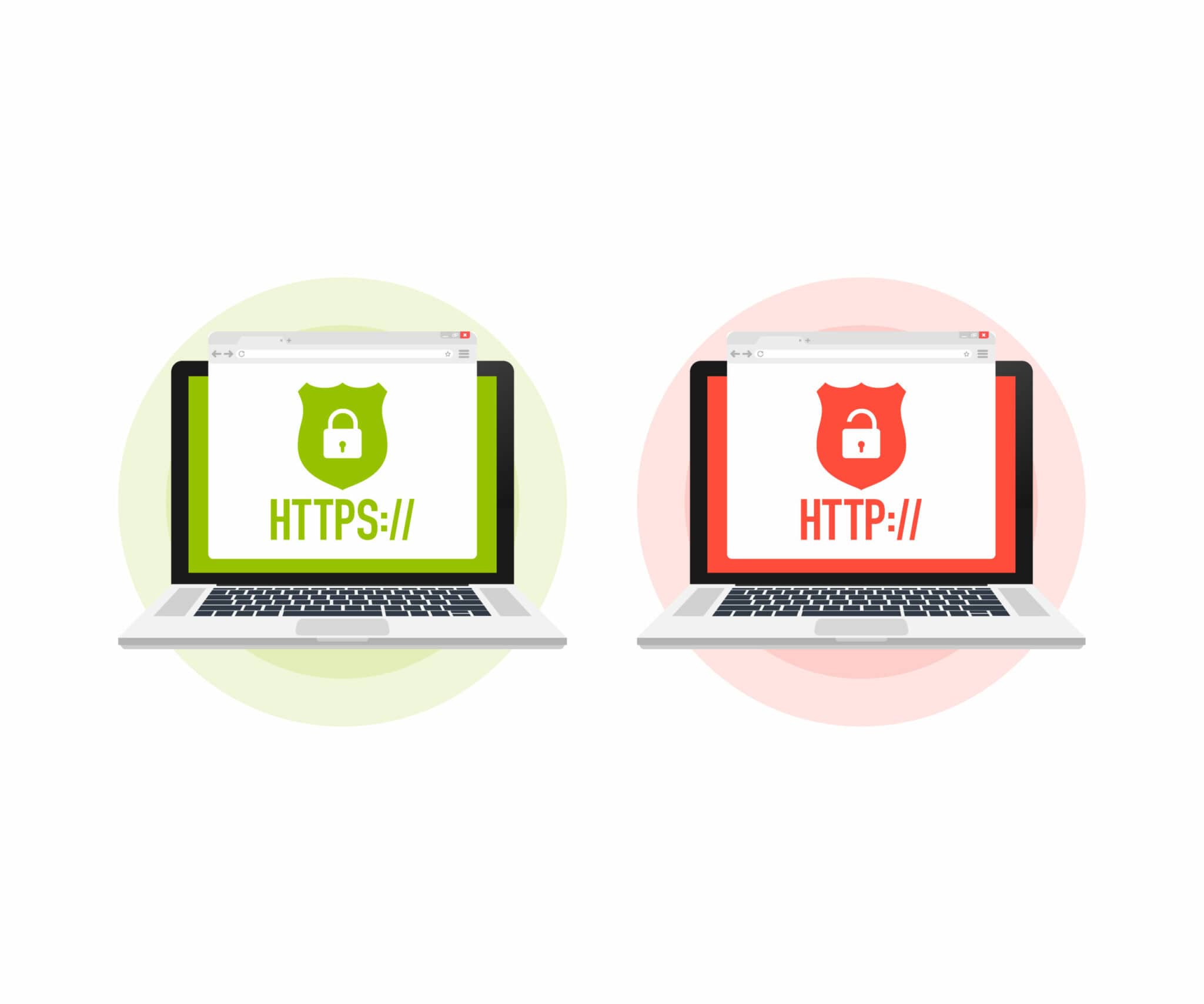 http and https protocols on shield on laptop, on white background. Vector illustration
